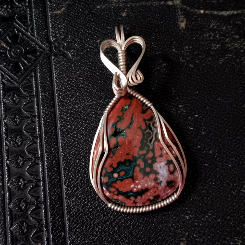 Ocean Jasper Pendant - Red and Silver Fairy Jewelry - Silver Wire Wrapped